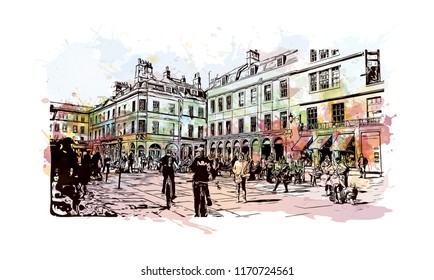 Landmark building view of Bath is a town set in the rolling countryside of southwest England, Watercolor splash with Hand drawn sketch illustration in vector.