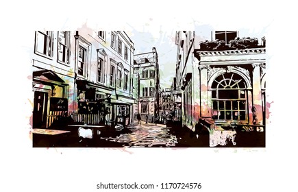 Landmark building view of Bath is a town set in the rolling countryside of southwest England, Watercolor splash with Hand drawn sketch illustration in vector.