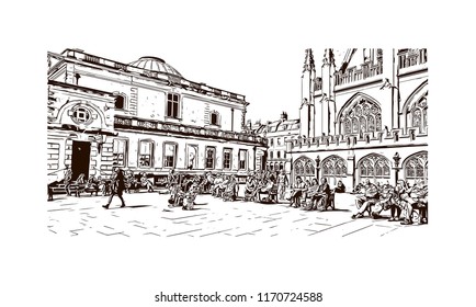 Landmark building view of Bath is a town set in the rolling countryside of southwest England, Hand drawn sketch illustration in vector.