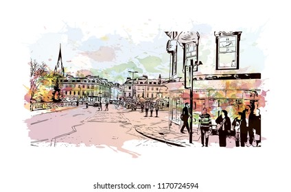 Landmark building view of Bath is a town set in the rolling countryside of southwest England, Watercolor splash with Hand drawn sketch illustration in vector.