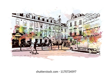 Landmark building view of Bath is a town set in the rolling countryside of southwest England, Watercolor splash with Hand drawn sketch illustration in vector.
