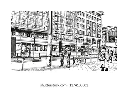 Landmark with building view of Berlin Capital of Germany. Hand drawn sketch illustration in vector.