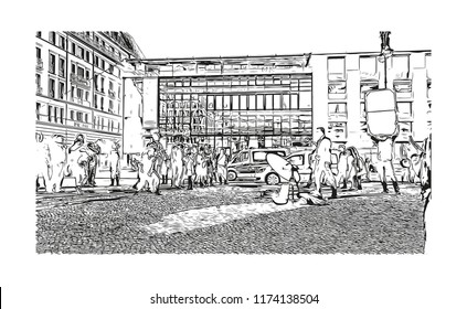 Landmark with building view of Berlin Capital of Germany. Hand drawn sketch illustration in vector.