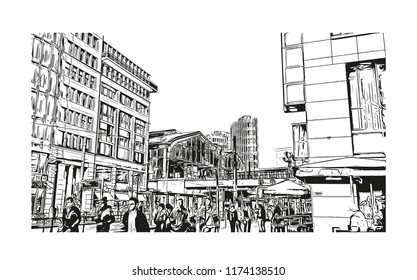 Landmark with building view of Berlin Capital of Germany. Hand drawn sketch illustration in vector.