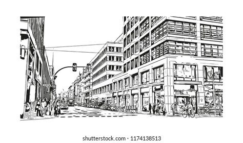 Landmark with building view of Berlin Capital of Germany. Hand drawn sketch illustration in vector.