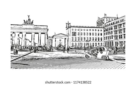 Landmark with building view of Berlin Capital of Germany. Hand drawn sketch illustration in vector.