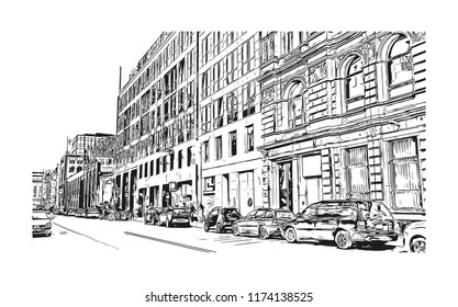 Landmark with building view of Berlin Capital of Germany. Hand drawn sketch illustration in vector.