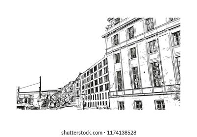 Landmark with building view of Berlin Capital of Germany. Hand drawn sketch illustration in vector.