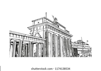 Landmark with building view of Berlin Capital of Germany. Hand drawn sketch illustration in vector.