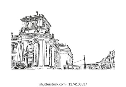 Landmark with building view of Berlin Capital of Germany. Hand drawn sketch illustration in vector.