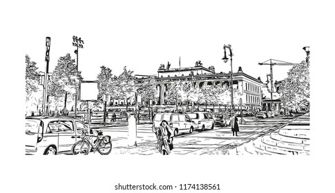 Landmark with building view of Berlin Capital of Germany. Hand drawn sketch illustration in vector.