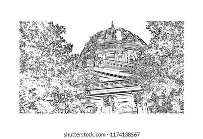 Landmark with building view of Berlin Capital of Germany. Hand drawn sketch illustration in vector.