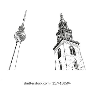 Landmark with building view of Berlin Capital of Germany. Hand drawn sketch illustration in vector.