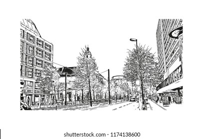 Landmark with building view of Berlin Capital of Germany. Hand drawn sketch illustration in vector.