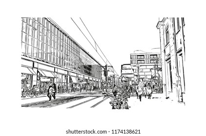 Landmark with building view of Berlin Capital of Germany. Hand drawn sketch illustration in vector.