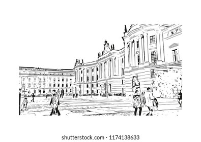 Landmark with building view of Berlin Capital of Germany. Hand drawn sketch illustration in vector.