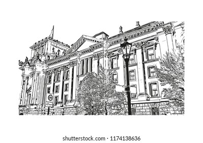 Landmark with building view of Berlin Capital of Germany. Hand drawn sketch illustration in vector.