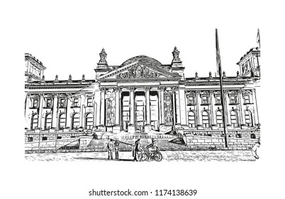 Landmark with building view of Berlin Capital of Germany. Hand drawn sketch illustration in vector.