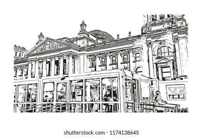 Landmark with building view of Berlin Capital of Germany. Hand drawn sketch illustration in vector.