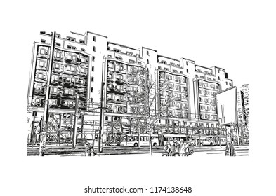 Landmark with building view of Berlin Capital of Germany. Hand drawn sketch illustration in vector.