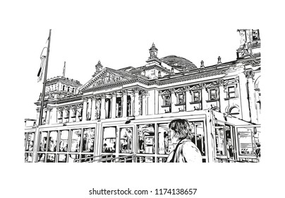 Landmark with building view of Berlin Capital of Germany. Hand drawn sketch illustration in vector.