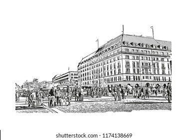 Landmark with building view of Berlin Capital of Germany. Hand drawn sketch illustration in vector.