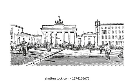 Landmark with building view of Berlin Capital of Germany. Hand drawn sketch illustration in vector.