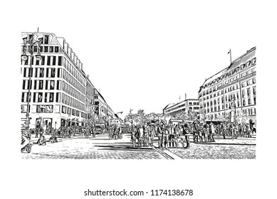 Landmark with building view of Berlin Capital of Germany. Hand drawn sketch illustration in vector.