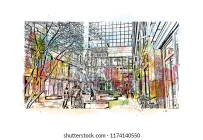 Landmark with building view of Berlin Capital of Germany. Watercolor splash with hand drawn sketch illustration in vector.