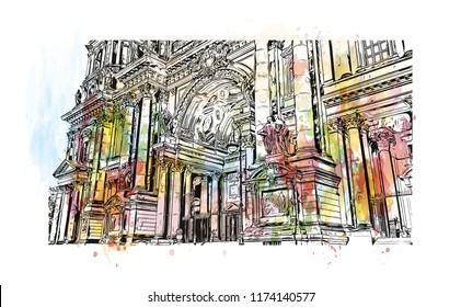 Landmark with building view of Berlin Capital of Germany. Watercolor splash with hand drawn sketch illustration in vector.