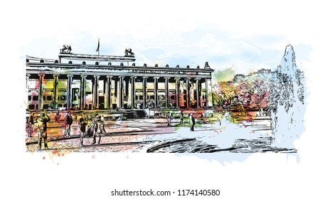 Landmark with building view of Berlin Capital of Germany. Watercolor splash with hand drawn sketch illustration in vector.