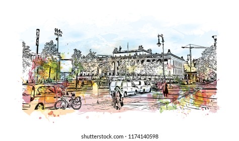 Landmark with building view of Berlin Capital of Germany. Watercolor splash with hand drawn sketch illustration in vector.