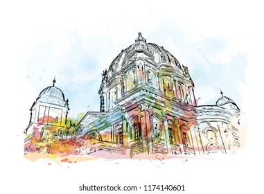 Landmark with building view of Berlin Capital of Germany. Watercolor splash with hand drawn sketch illustration in vector.