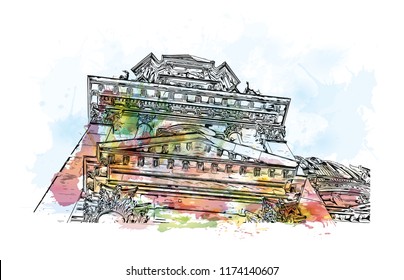 Landmark with building view of Berlin Capital of Germany. Watercolor splash with hand drawn sketch illustration in vector.