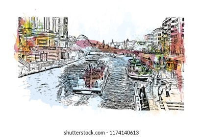 Landmark with building view of Berlin Capital of Germany. Watercolor splash with hand drawn sketch illustration in vector.