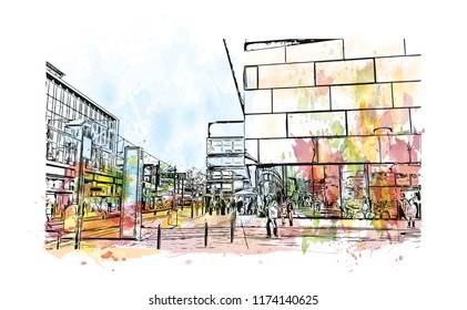 Landmark with building view of Berlin Capital of Germany. Watercolor splash with hand drawn sketch illustration in vector.