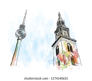 Landmark with building view of Berlin Capital of Germany. Watercolor splash with hand drawn sketch illustration in vector.