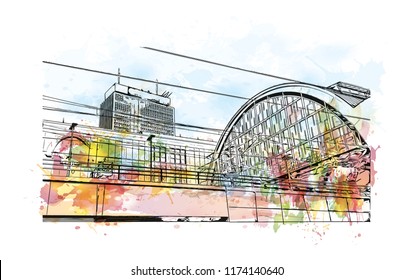 Landmark with building view of Berlin Capital of Germany. Watercolor splash with hand drawn sketch illustration in vector.