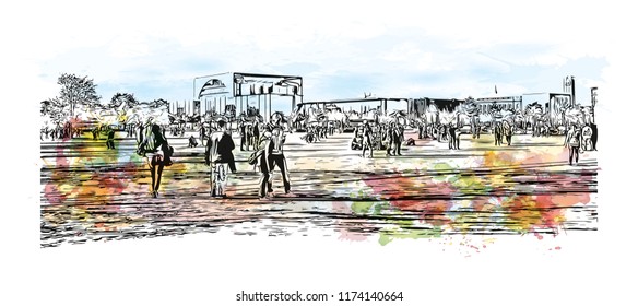 Landmark with building view of Berlin Capital of Germany. Watercolor splash with hand drawn sketch illustration in vector.