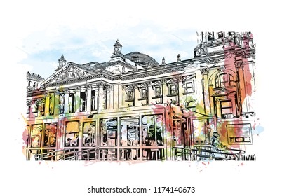 Landmark with building view of Berlin Capital of Germany. Watercolor splash with hand drawn sketch illustration in vector.