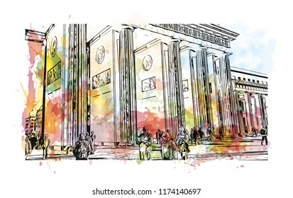 Landmark with building view of Berlin Capital of Germany. Watercolor splash with hand drawn sketch illustration in vector.