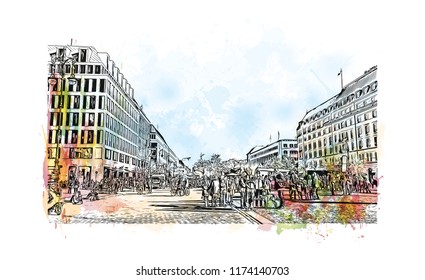 Landmark with building view of Berlin Capital of Germany. Watercolor splash with hand drawn sketch illustration in vector.