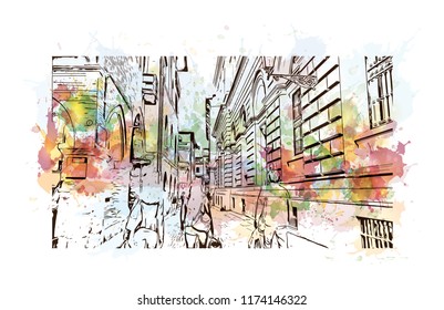 Landmark with building view of Bologna City in Italy. Watercolor splash with hand drawn sketch illustration in vector.