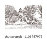 Landmark with building view of Budapest, Hungary’s capital, is bisected by the River Danube. Hand drawn sketch illustration in vector.