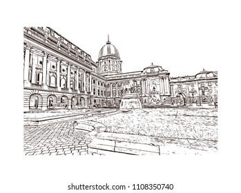 Landmark with building view of Budapest, Capital of Hungary. Hand drawn sketch illustration in vector.