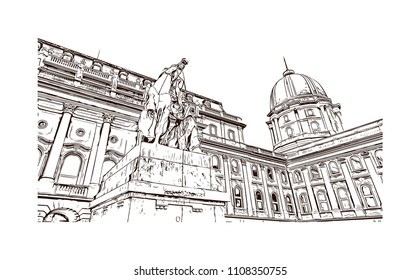 Landmark with building view of Budapest, Capital of Hungary. Hand drawn sketch illustration in vector.