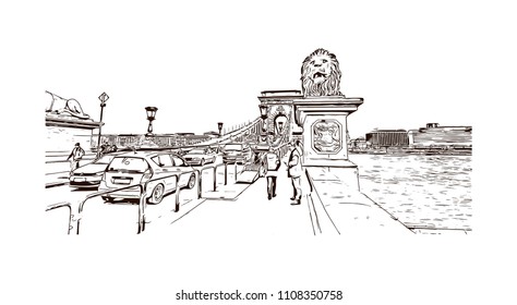 Landmark with building view of Budapest, Capital of Hungary. Hand drawn sketch illustration in vector.