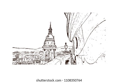 Landmark with building view of Budapest, Capital of Hungary. Hand drawn sketch illustration in vector.
