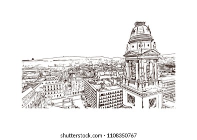 Landmark with building view of Budapest, Capital of Hungary. Hand drawn sketch illustration in vector.