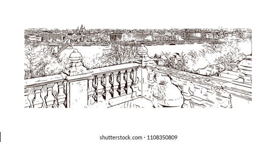 Landmark with building view of Budapest, Capital of Hungary. Hand drawn sketch illustration in vector.
